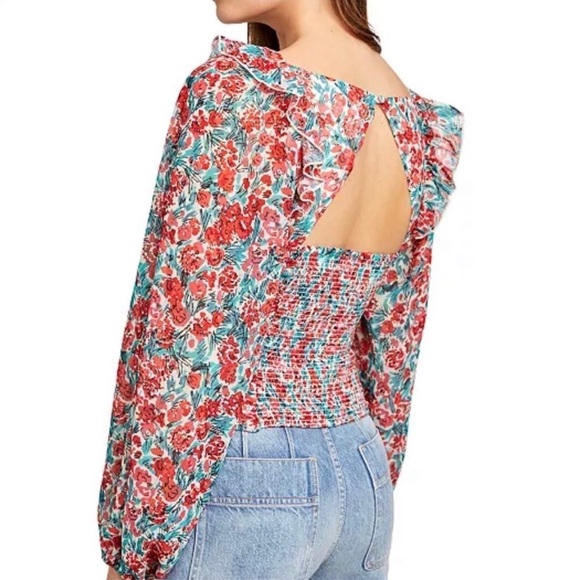 Free People Womens Mable Blouse Rose Combo Balloon Sleeve Crop Size M Milkmaid - Picture 2 of 16